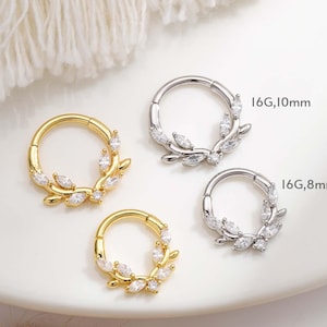 Leaf CZ Paved Hoop Earrings, 16G Gold & Silver Cartilage Hoops, Dainty Helix/Daith Piercing Jewelry, Nature-Inspired Huggie Earrings Gift