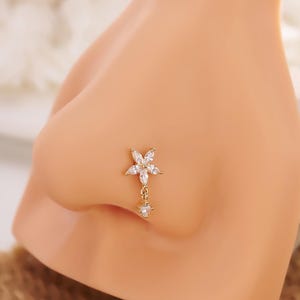 14K Dangle Flower Nose Ring/20G 18G Tiny flower Nose Stud/L-Shaped Nose Piercing/Nostril Jewelry/Gold Nose Jewelry/Nostril stud/body jewelry