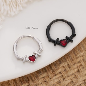 16G Red Heart and Sword Septum Hoop/Nose Septum Ring 10MM/Nose Piercing Septum Hoop/Gold Silver Nose Bar/Black Friday/Septum Clicker