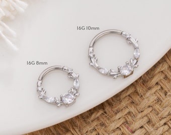 16G Twist Leaf Gem Septum Hoop/Minimalist Nose Septum Ring 8MM 10MM/Nose Piercing Septum Hoop/Black Silver Nose Bar/Septum Clicker
