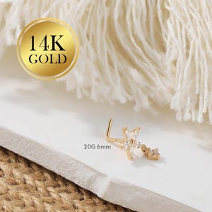 14K ダングルフラワーノーズリング/20G 小さな花のノーズスタッド/L字型ノーズピアス/ノーズジュエリー/ゴールドノーズジュエリー/ノーズスタッド/ボディジュエリー