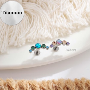 Può includere: Due piercing labret in titanio con pietre preziose colorate. Ogni piercing presenta una fila curva di gemme nelle tonalità di blu, verde, rosa e viola. Il testo "Titanium" è in un cerchio argentato. Misura: 16G, 6,6 mm.
