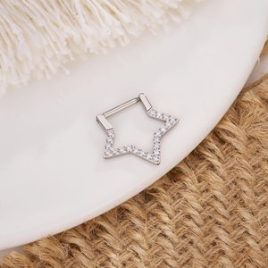 16G Titanium Silver Star Septum Ring/Clicker Hoop/CZ Nose/Nose Ring/Conch Hoop/Hoop Earring/Clicker Hoops/Daith Hoop/Tragus Hoop/Helix Hoop