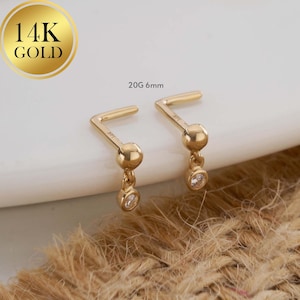 14K Dangle Gem Nose Ring/20G Tiny Heart Nose Stud/L-Shaped Nose Piercing/Nostril Jewelry/Gold Nose Jewelry/Nostril stud/Black Friday
