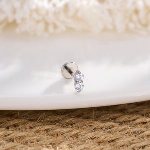 Può includere: Un piercing labret argentato con due gemme rotonde e trasparenti. Il gioiello è posto su una superficie bianca, con uno sfondo sfocato bianco sporco. Progettato per piercing alle labbra o alle orecchie.