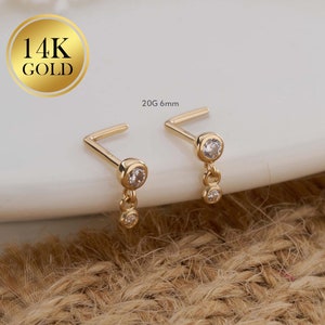14K ダングル ジェム ベゼル ノーズ リング/20G タイニー ハート ノーズ スタッド/L 字型 ノーズ ピアス/ノーズ ジュエリー/ゴールド ノーズ ジュエリー/ノーズ スタッド/ブラック フライデー