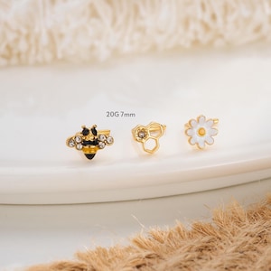 20G 3PCS Bee Flower Nose stud/L-shaped Nose Barbell/Cute Nose ring/Tiny Nose Jewelry/Nose Bone/Nostril Jewelry/Nose bar/Unisex nose stud