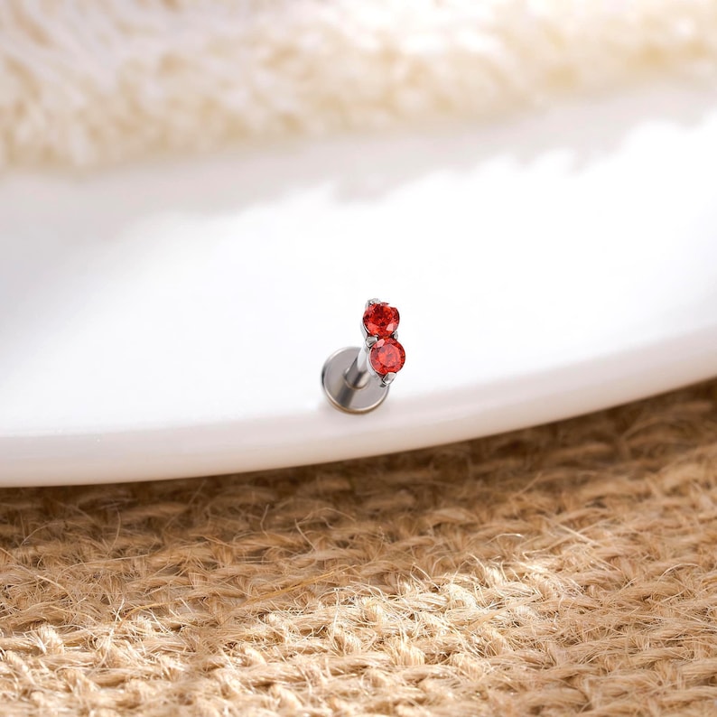 Pu&ograve; includere: Un piercing labret in metallo color argento con due piccole pietre preziose rotonde di colore rosso brillante disposte verticalmente. Il gioiello presenta una base circolare piatta e una finitura metallica lucida dal design pulito.