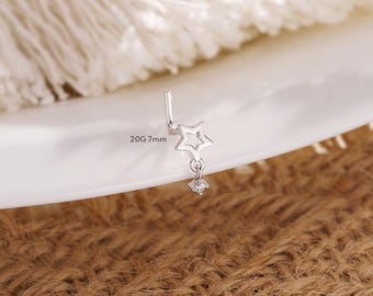 925 Sterling Silver Star Nose Stud 20G/L shape Nose Ring/Dangle gem Tiny Nose Piercing/Small Nose Jewelry/Nose Bar/Valentine’s Day