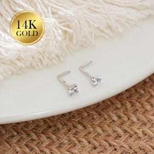 Anillo nasal de oro blanco de 14 quilates/anillo nasal de corazón y redondo/perno nasal pequeño de 20 g/perforación nasal en forma de L/joyería para la fosa nasal/joyería nasal de oro/perno nasal