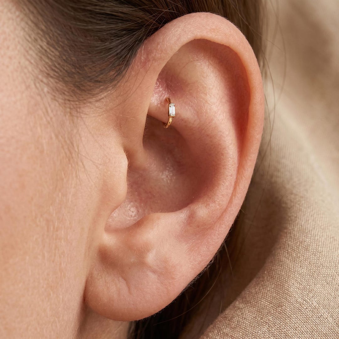 14k Solid Gold Baguette Hoop, Rook Piercing, Rook Earrings, Clicker ...