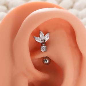 16G Dangle Eyebrow ring, Rook Piercing, Rook Earring, 16G Curved Barbell, Vertical Labret, stones, Ball ends Barbell, Body Jewelry