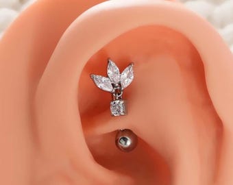 Aro para ceja colgante de 16 g, piercing Rook, pendiente Rook, barra curva de 16 g, labio vertical, piedras, barra con extremos en forma de bola, joyería corporal