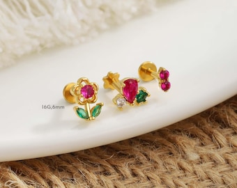 3 pendientes de cartílago, pendientes de rubí y pendientes de flor con parte trasera plana.