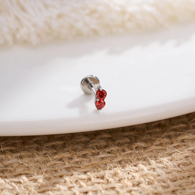Pu&ograve; includere: Un gioiello per piercing di tipo labret color argento, caratterizzato da una base circolare piatta e da un'asta verticale decorata con due piccole pietre preziose rotonde di colore rosso brillante, fissate con montature in metallo.