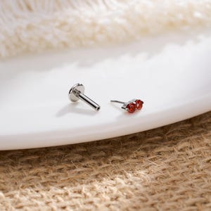 Pu&ograve; includere: Un piercing labret color argento composto da una base circolare piatta e un inserto frontale decorato con due piccole pietre preziose rotonde di colore rosso vivace, incastonate fianco a fianco in una montatura metallica sottile.