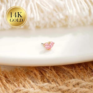 14K massivt guld trådlöst trycknålsörhänge med brosk, rosa ädelsten (endast framsidan, ingen baksida)