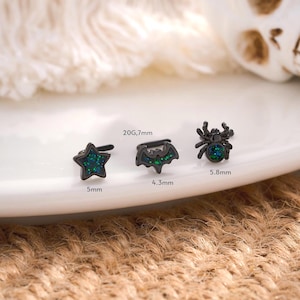 3PCS Cute Gothic L-Shaped Nose Studs | Black and Green Nose Stud | Halloween Goth Nose | Halloween tiny nose rings | Spider Nose Stud