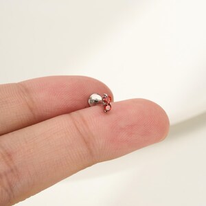 Pu&ograve; includere: Un gioiello per il corpo in metallo color argento con due piccole pietre preziose rotonde di colore rosso vivace, incastonate verticalmente in una montatura a griffe, fissate a un perno con base circolare piatta, per piercing con finitura lucida.