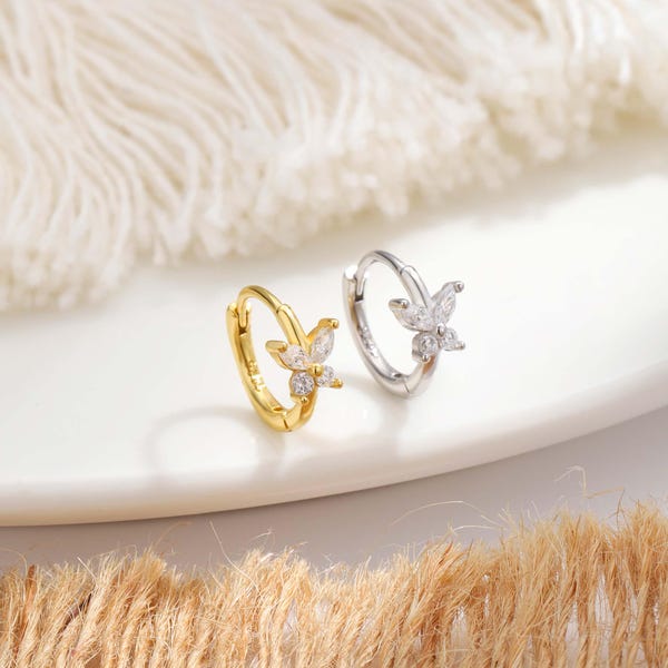 Butterfly Zirconia Huggie Hoop, 925 Sterling Silver Cartilage Earring, Floral Threader Hoop with CZ, 20g Gold and Silver Finish, A Pair