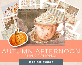 May include: A digital collage of 133 images for junk journaling. The images feature a fall theme with a cup of coffee, a pumpkin, and various autumnal colors. The text "Autumn Afternoon Junk Journal 133 Piece Bundle" is at the bottom of the image.
