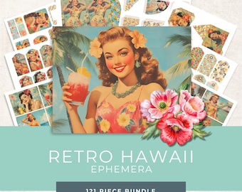 May include: A digital paper pack with 121 pieces of retro Hawaiian themed clipart. The pack includes images of women in vintage swimsuits, tropical flowers, cocktails, and palm trees. The text "Retro Hawaii Ephemera 121 Piece Bundle" is displayed on the front of the pack.