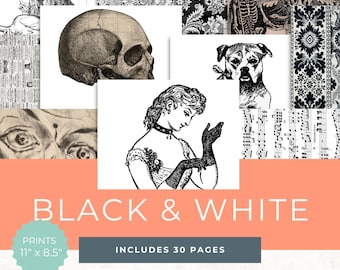 Black and White Vintage Printable - Collage Sheets for Scrapbooking - Instant Download