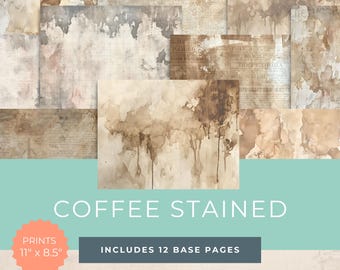 Printable Coffee Stained Journal Kit - Digital Ephemera for Junk Journals - Vintage Aged Paper Download