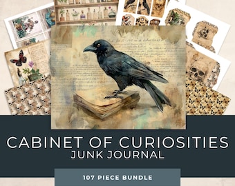 May include: A digital collage kit for junk journaling with a vintage aesthetic. The kit includes 107 pieces featuring a black crow perched on a book, a skull, and a variety of botanical illustrations. The kit is titled "Cabinet of Curiosities Junk Journal".