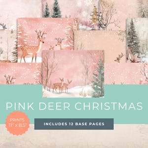 Rosa Weihnachten Deer Junk Journal, Vintage Weihnachten, Hirsch druckbare, Weihnachtscollage, rosa Weihnachtspapier