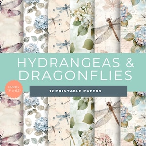 Dragonfly Junk Journal, digital scrapbook paper kit, dragonfly printable, collage sheet, hydrangea floral download, vintage ephemera, JPG