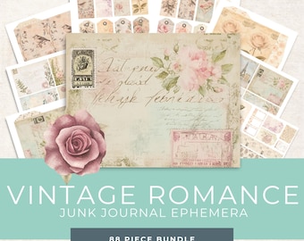 May include: Vintage romance junk journal ephemera bundle with 88 pieces. The ephemera includes a variety of images, including roses, birds, and vintage stamps. The ephemera is perfect for adding a touch of vintage charm to your junk journal.