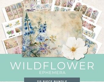 May include: A digital paper pack containing 115 pieces of vintage-style floral ephemera. The pack features images of wildflowers, leaves, and other botanical elements in shades of blue, pink, and green. The images are set against a textured background with a faded, vintage look. The text "Wildflower Ephemera 115 Piece Bundle" is displayed at the bottom of the image.