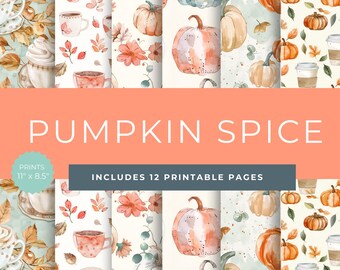 May include: Twelve printable digital papers featuring a pumpkin spice theme. The papers include illustrations of pumpkins, coffee cups, leaves, and flowers in watercolor style. The papers are 11 inches by 8.5 inches.