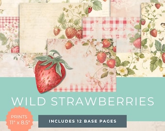 May include: A digital paper pack with 12 pages featuring a vintage aesthetic with illustrations of wild strawberries, gingham patterns, and floral designs. The text "Wild Strawberries" and "Includes 12 Base Pages" is included in the image. The paper pack prints at 11 inches by 8.5 inches.