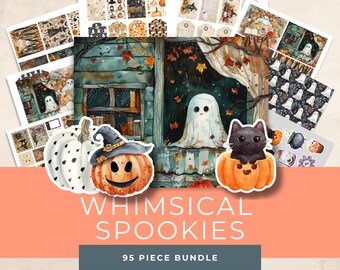 May include: A collection of Halloween-themed stickers, tags, and illustrations. The image features a pumpkin with a witch hat, a black cat in a pumpkin, and a ghost. The text "WHIMSICAL SPOOKIES" and "95 PIECE BUNDLE" are also visible.