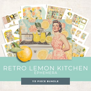 Puede incluir: Un paquete de papel digital con 113 piezas de efímeras de cocina retro con una mujer de estilo vintage con un vestido rosa, limones y una tetera amarilla. El texto "Retro Lemon Kitchen Ephemera" y "113 Piece Bundle" está incluido.
