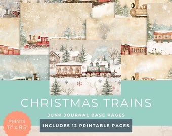 Christmas Train Junk Journal Kit, Printable Ephemera, Whimsical Vintage Craft Supplies, Digital Download