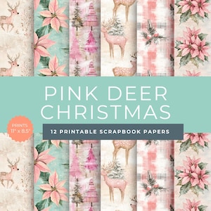 Rosa Weihnachten Deer Junk Journal, Vintage Weihnachten, Deer zum Ausdrucken, Weihnachtscollage, Rosa Weihnachten Scrapbook Papier