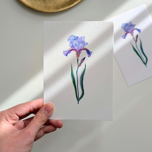 Puede incluir: Pintura a la acuarela de una flor de iris azul y morada con hojas y tallo verdes sobre papel blanco. En el fondo se ve una segunda pintura más pequeña de la misma flor. La obra de arte está sostenida por una mano.