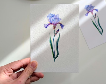 Stampa artistica di fiori di iris con pastelli a olio - Fiore del mese di nascita di febbraio: cartolina A6
