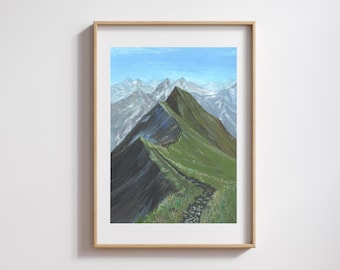 Verdant Peaks Gouache Art Print: Fine Art Paper Mountain Landscape