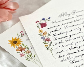 Aangepaste kalligrafiebrief: gepersonaliseerde huwelijksgeloften, liefdesbriefje, gedicht met aquarelrand