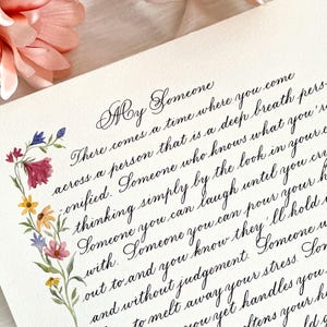 Carta personalizada escrita à mão com caligrafia moderna – Votos de casamento personalizados, bilhetes de amor ou poemas como lembrança
