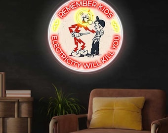 Reddy Kilowatt (Remember Kids Electricity Will Kill You)  24 Inch  Diameter Dimmable Neon Sign
