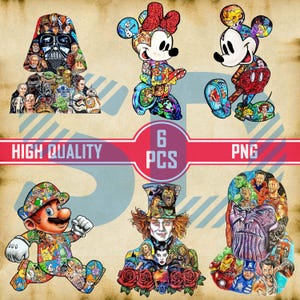 Digital Character Mashup Seamless Design PNG, Mickey, Minnie, Super Mario, Mad Hatter, Darth Vader, End Game PngBundle