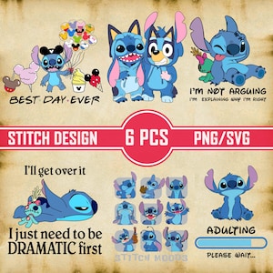 Op de afbeelding: Een set van zes digitale ontwerpen met Stitch uit Lilo & Stitch. De ontwerpen bevatten Stitch in verschillende poses met verschillende uitdrukkingen, waaronder een ontwerp met Stitch en zijn beste vriend Angel. De ontwerpen zijn perfect voor het maken van knutselwerk, T-shirts, mokken en andere gepersonaliseerde items.