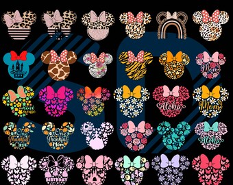 Disney Minnie Mouse Head PNG Bundle, Daisy flowers PNG, Leopard Minnie Ears PNG Bundle, Glitter Minnie Mouse