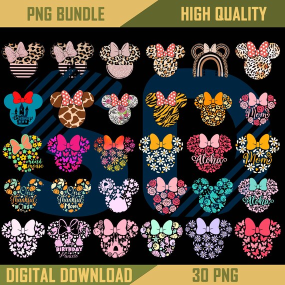 Disney Minnie Mouse Head PNG Bundle, Daisy flowers PNG, Leopard Minnie Ears PNG Bundle, Glitter Minnie Mouse
