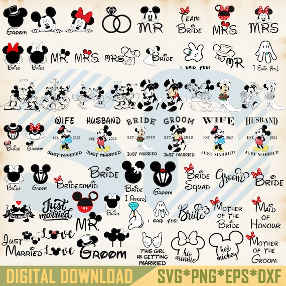 Disney Mickey Minnie Bride Svg Bundle, Bridal Party, Mickey Minnie Custom Name Wedding Svg Png, Bride Groom Mickey Minnie,